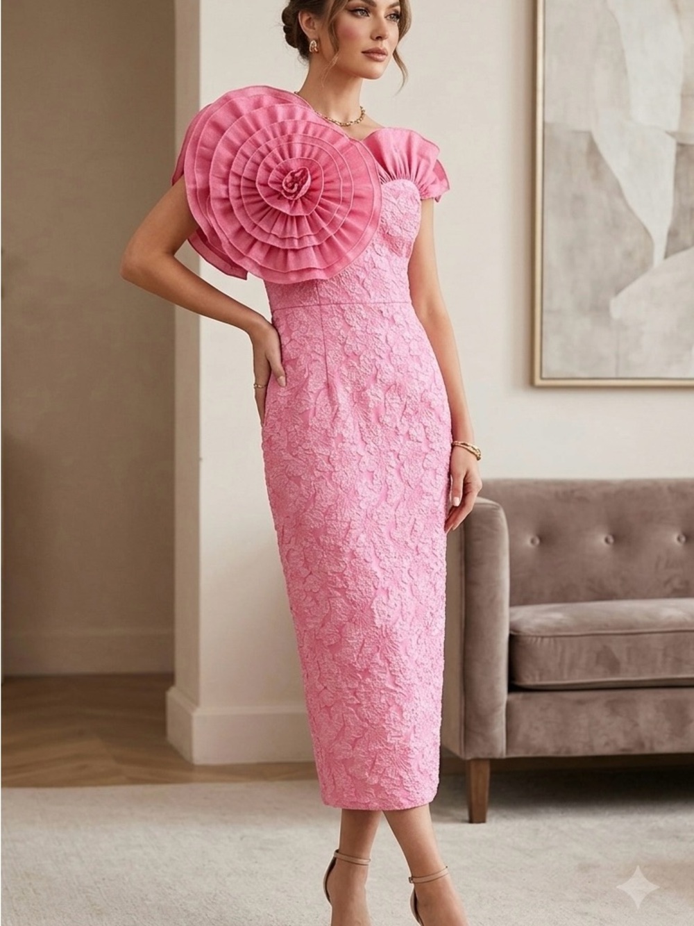 Structured Pink Lace Midi Dress with Floral Rosette Shoulder